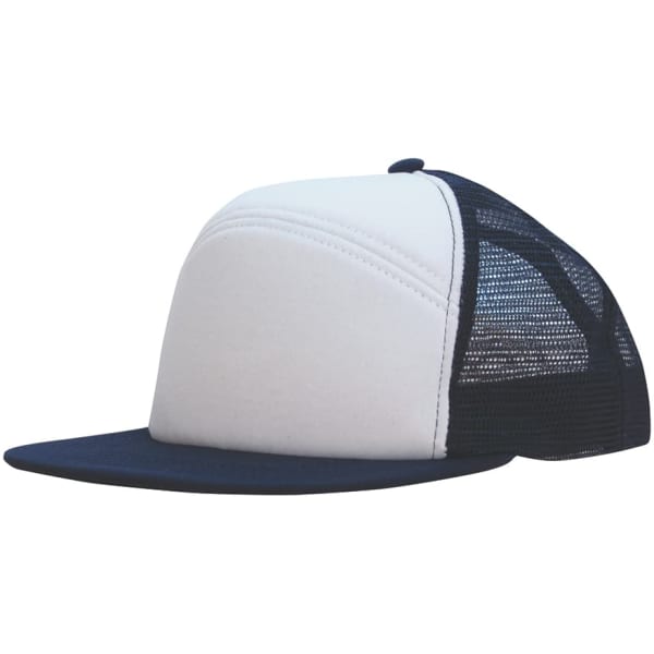 A foam front A-frame cap with a white front and navy mesh back, featuring a solid navy peak and a logo.