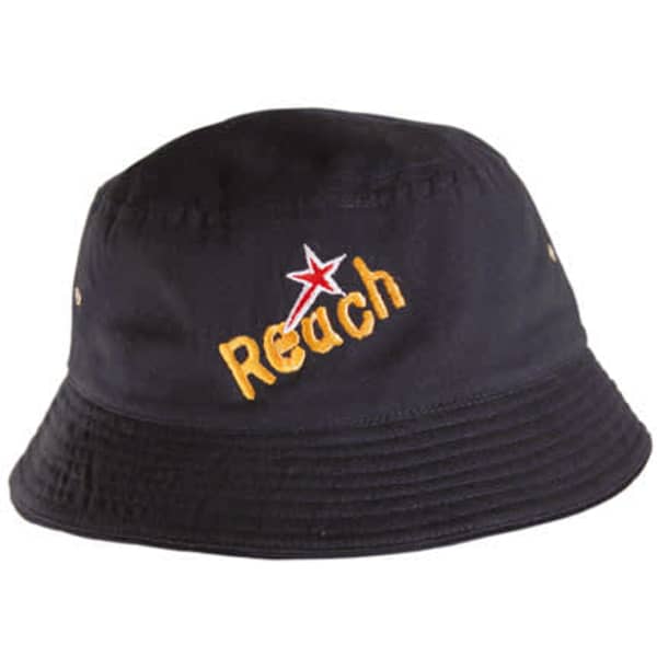 A black bucket hat featuring the word 