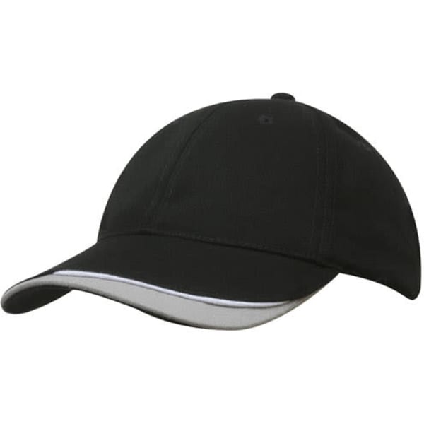 A black brushed heavy cotton cap with an indented peak and a contrasting trim. It features a logo.