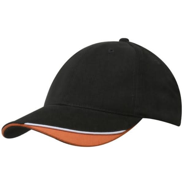 A black brushed heavy cotton cap with an indented peak and an orange underside on the peak. It features a logo.