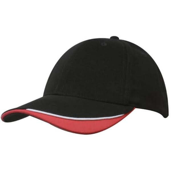 A black brushed heavy cotton cap featuring an indented peak and red accent on the brim, with a logo present.