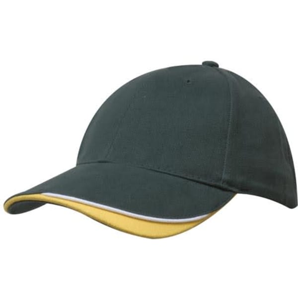 A dark green cap with an indented peak and a yellow underside, featuring a logo.