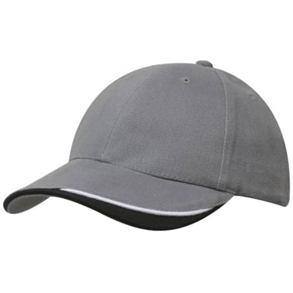 A grey brushed heavy cotton cap with an indented peak and a contrasting trim on the visor. It features a logo.