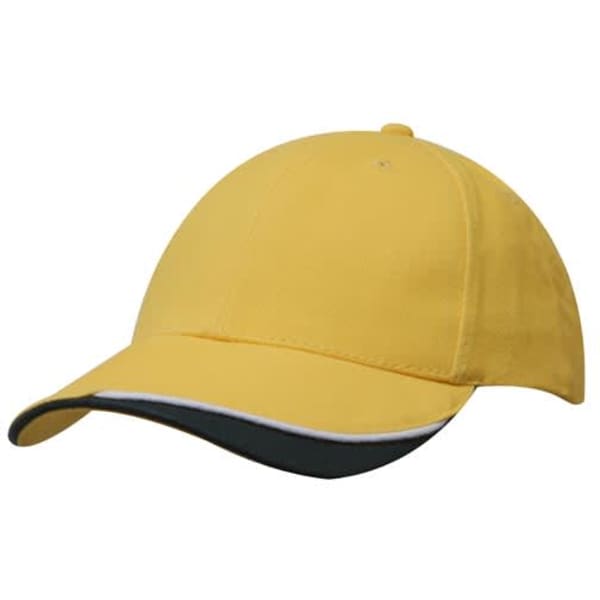 A yellow cap with an indented peak and a contrasting dark green trim. It includes a logo on the front.