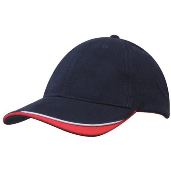 A navy cap with an indented peak and red accent along the brim, featuring a logo.
