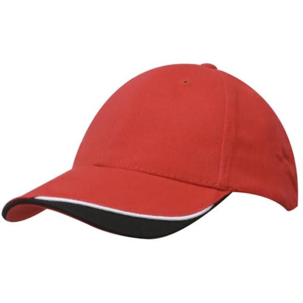 A red brushed heavy cotton cap with an indented peak and a contrasting black trim, featuring a logo.