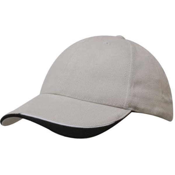 A brushed heavy cotton cap in light grey, featuring an indented peak and a contrasting black trim. It has a logo.
