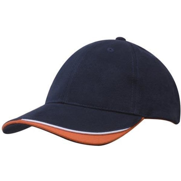 A navy cap with an indented peak and contrasting orange trim, featuring a logo on the front.