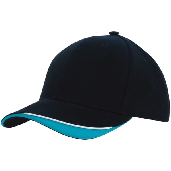 A black cap with an indented peak and a turquoise underbrim, featuring a logo on the front.