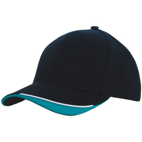 A brushed heavy cotton cap in navy with a teal indented peak, featuring a logo.