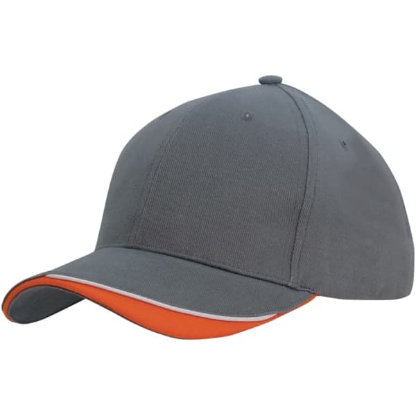 A grey cap with an indented peak and an orange underside, featuring a logo on the side.