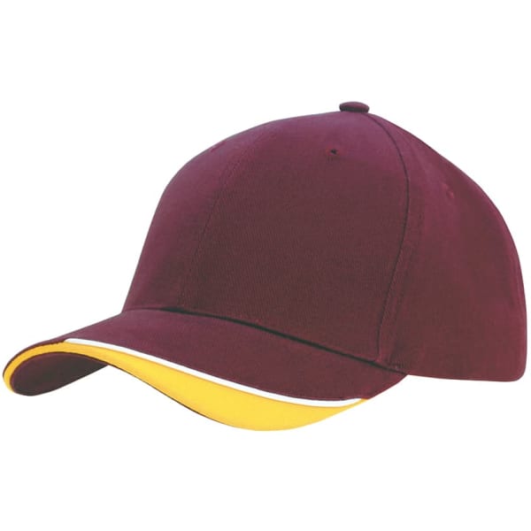 A maroon cap with an indented peak and a yellow accent along the brim, featuring a logo on the front.