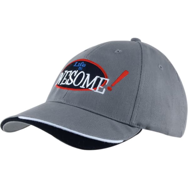 A grey cap with a indented peak, featuring a logo and contrasting black detailing.