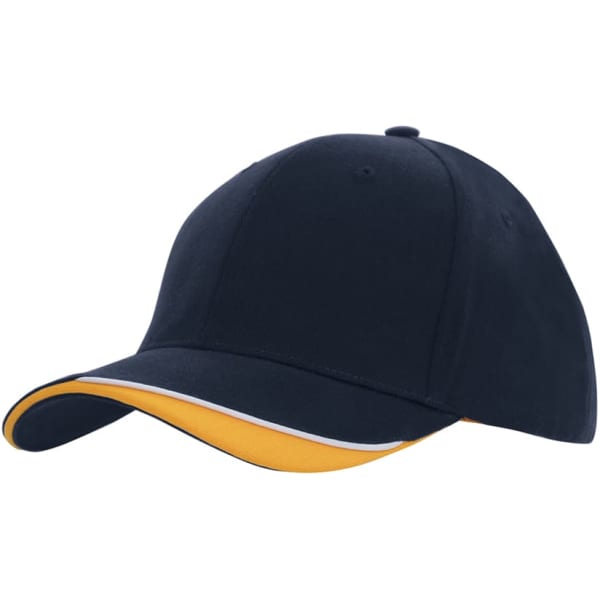 A navy cap with an indented peak and a yellow visor, featuring a logo on the front.