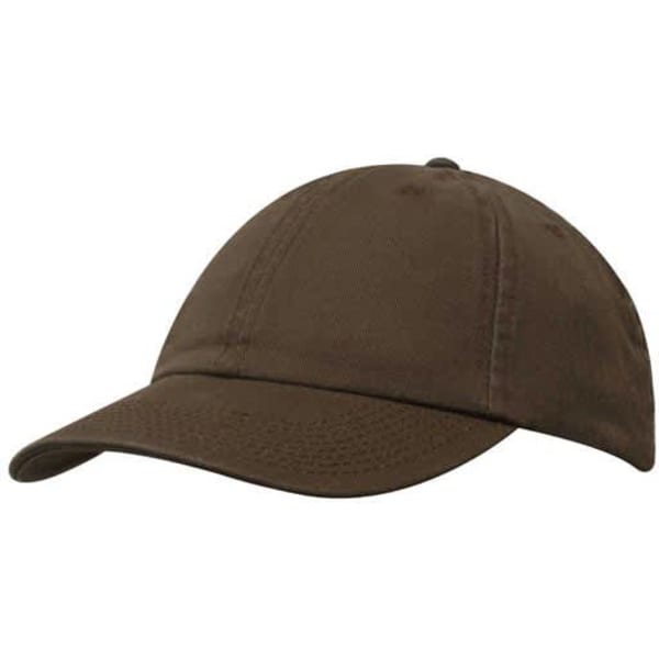 A brown washed chino twill cap with a curved peak and a logo on the front.