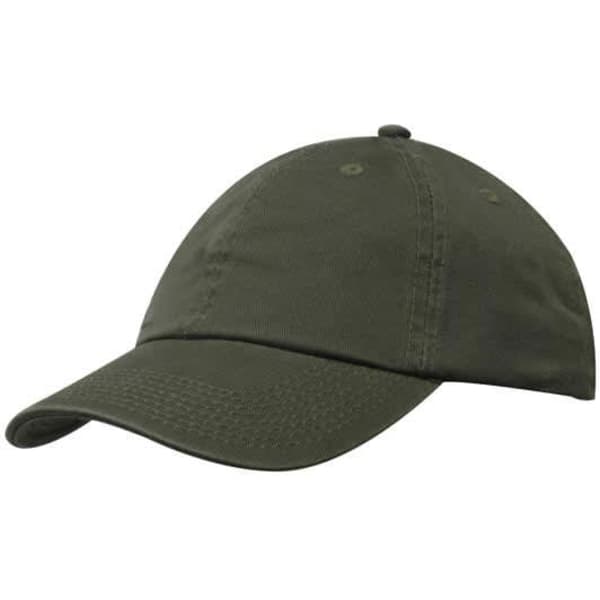 An olive green washed chino twill cap featuring a curved brim and stitching details, with a logo on the side.