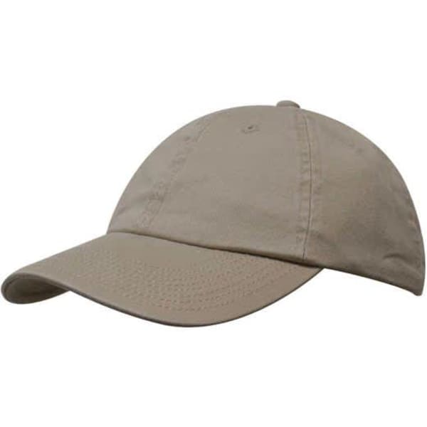A beige washed chino twill cap with a curved visor and an adjustable strap at the back. It features a logo.