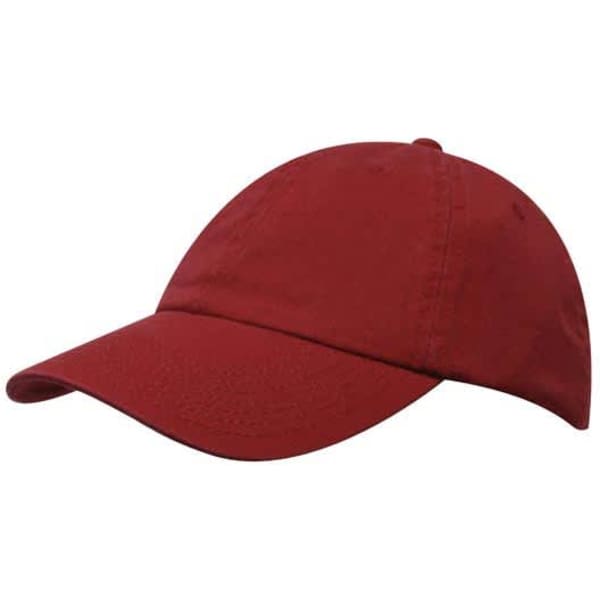 A red washed chino twill cap with a curved brim and a fitted design. It features a logo on the side.