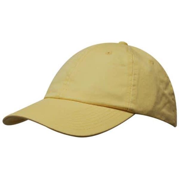 A yellow washed chino twill cap featuring a curved brim and a logo on the front.