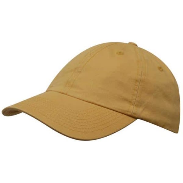 A washed chino twill cap in a soft yellow shade, featuring an adjustable strap and a logo.