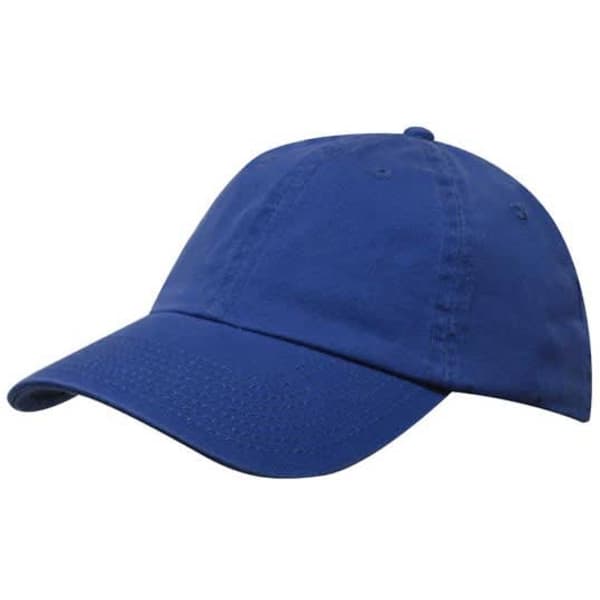 A blue washed chino twill cap featuring a curved brim and an adjustable strap, with a logo on the front.