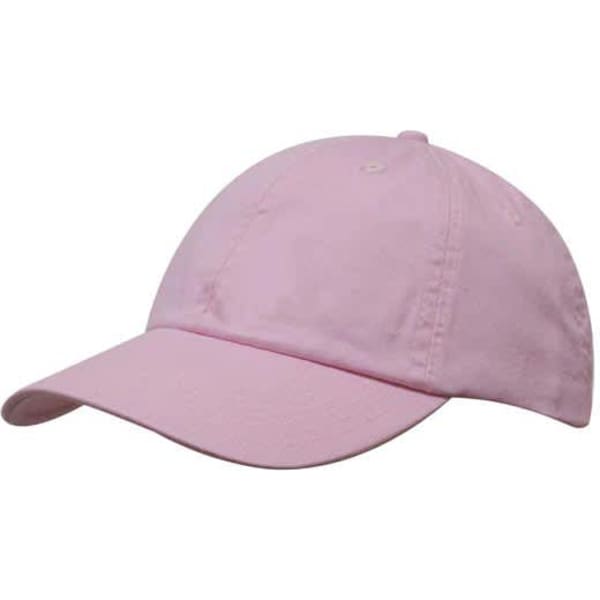 A pink washed chino twill cap with a curved brim and an adjustable strap. It features a logo.