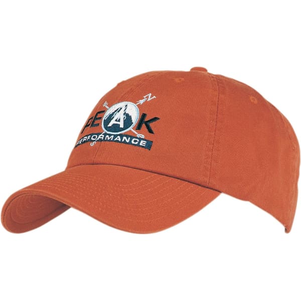 An orange cap with a curved brim and a logo on the front, made from washed chino twill fabric.