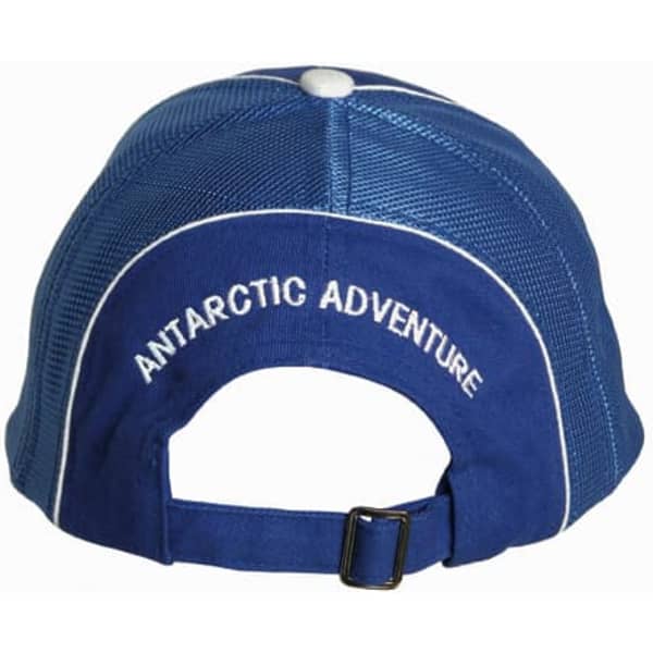 A blue cap featuring a mesh back and an adjustable strap, with logos on the side and back.