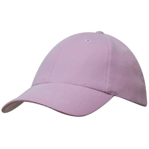 A pink mesh-covered cotton twill cap with a curved brim and ventilation holes, featuring a logo.
