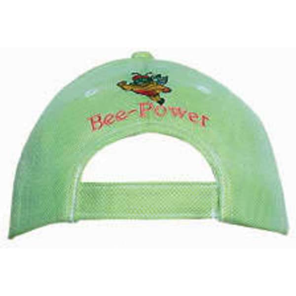 A light green mesh covered cotton twill cap with an adjustable strap at the back and a logo.