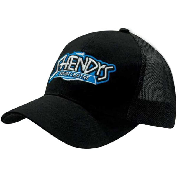 A black cap with a brushed cotton front and mesh back, featuring a logo on the front.