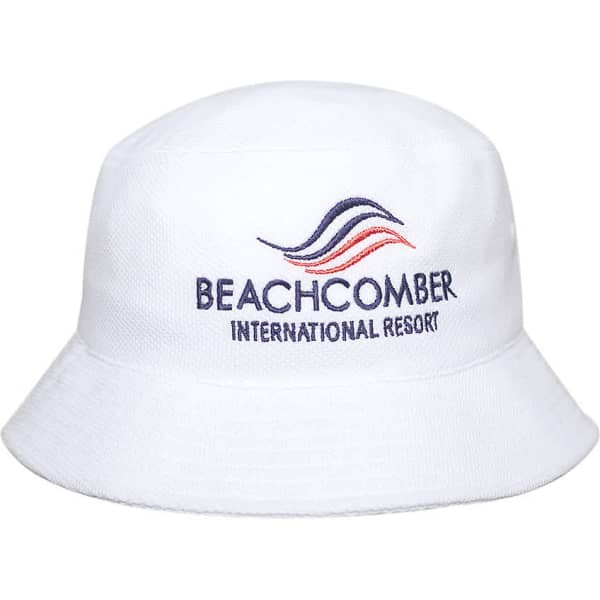 A white bucket hat featuring an embroidered logo with red and blue accents. Suitable for sun protection and casual wear.