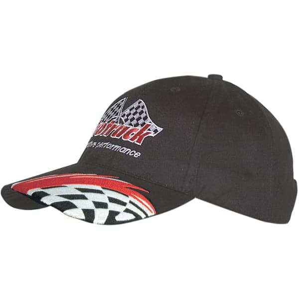 A black cap with a checkered pattern on the brim, featuring an embroidered logo on the front.
