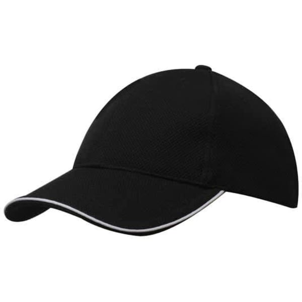 A black double pique mesh cap with an open sandwich design and a contrasting trim. It features a branding logo.