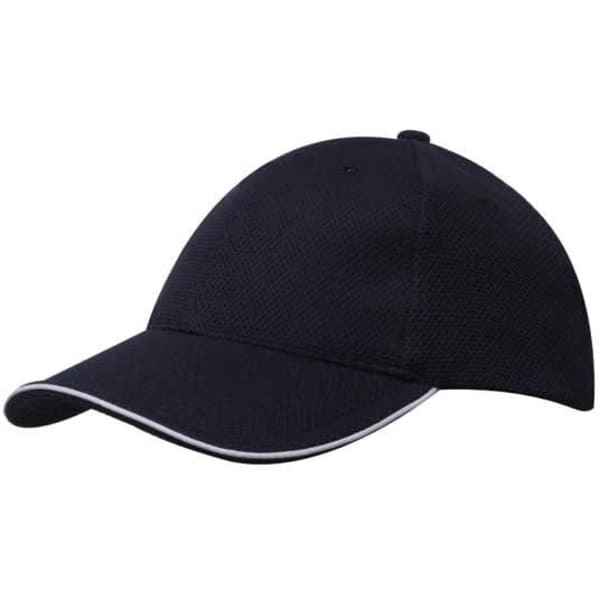 A navy blue double pique mesh cap with an open sandwich design and a contrasting trim. It features a logo.