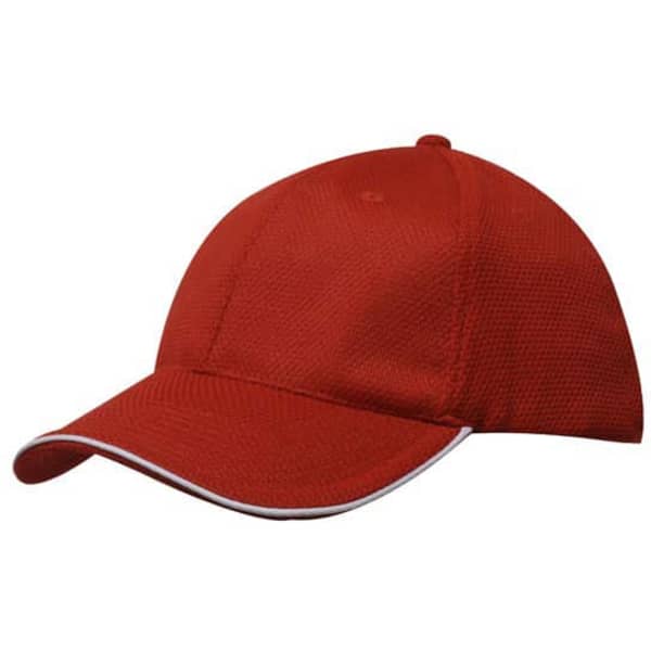 A red double pique mesh cap with an open sandwich design and a contrasting trim. The cap features a logo.