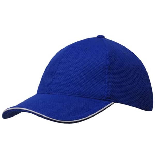 A blue double pique mesh cap with an open sandwich design and a contrasting trim. It features a logo on the front.
