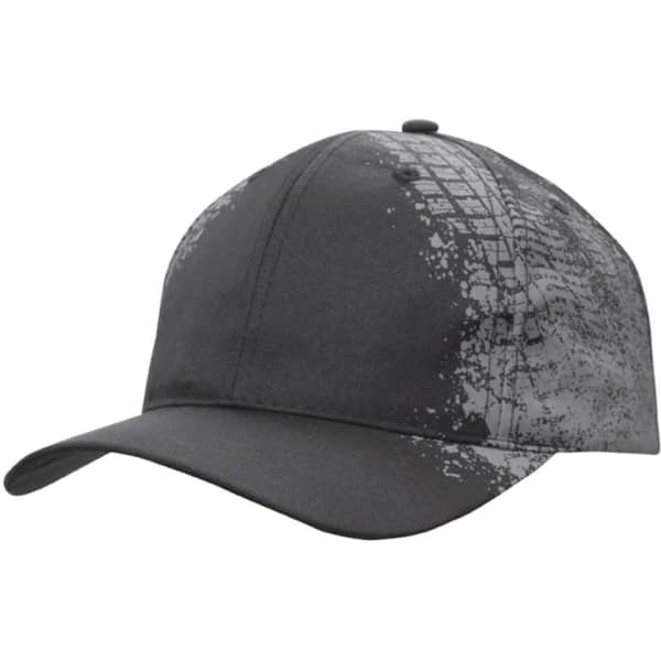 A black cap featuring a tyre print design in grey. It has a logo on the side.