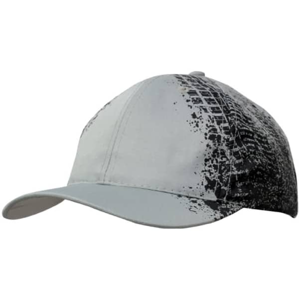 A grey cap featuring a tyre print design on one side, with a curved peak and a logo.
