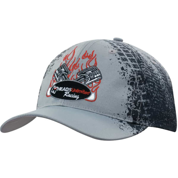 A cap in grey with a tire print design and flame graphics, featuring a logo on the front.