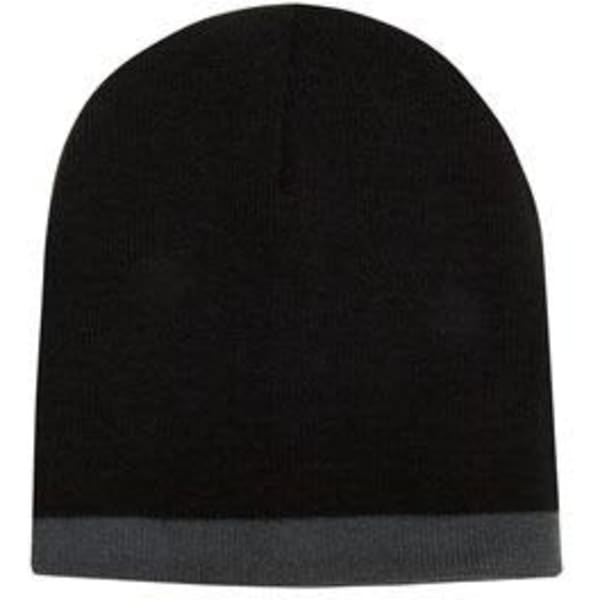 A two-tone acrylic beanie featuring a black top and grey brim, with a logo displayed.