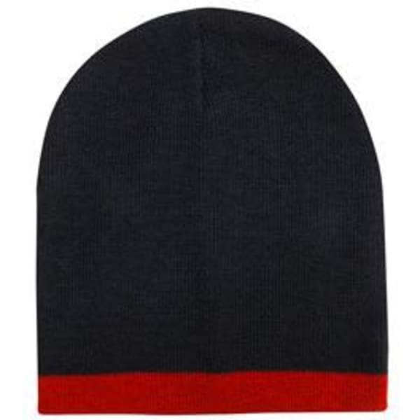 A roll down beanie in two tones, featuring a black top with a red bottom band. It has a simple design.
