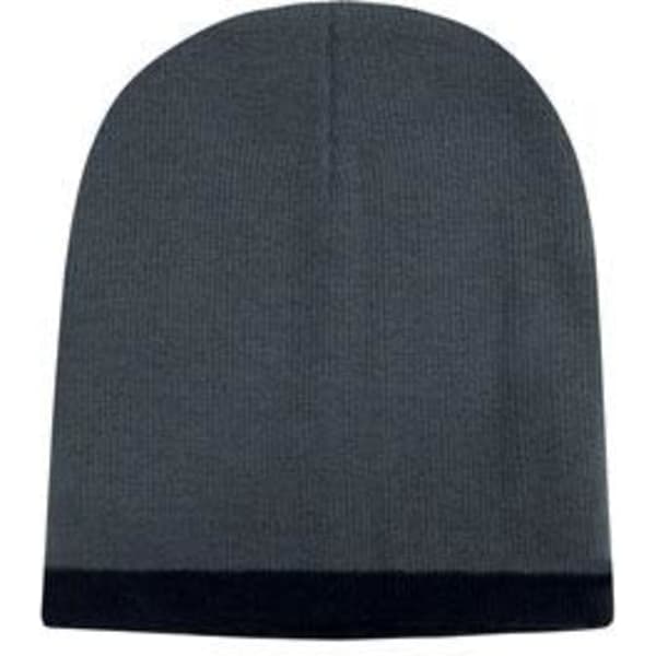 A two-tone acrylic beanie featuring a dark grey main body and a black rolled hem, with a logo present.