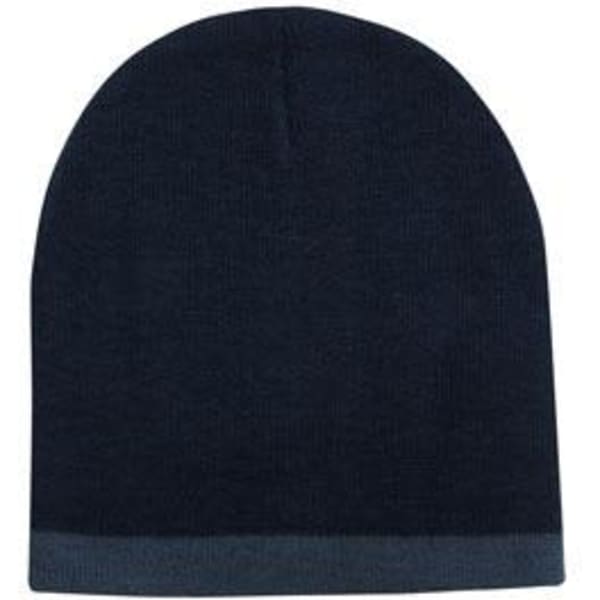 A two-tone acrylic beanie in dark navy with a lighter navy cuff, featuring a logo.