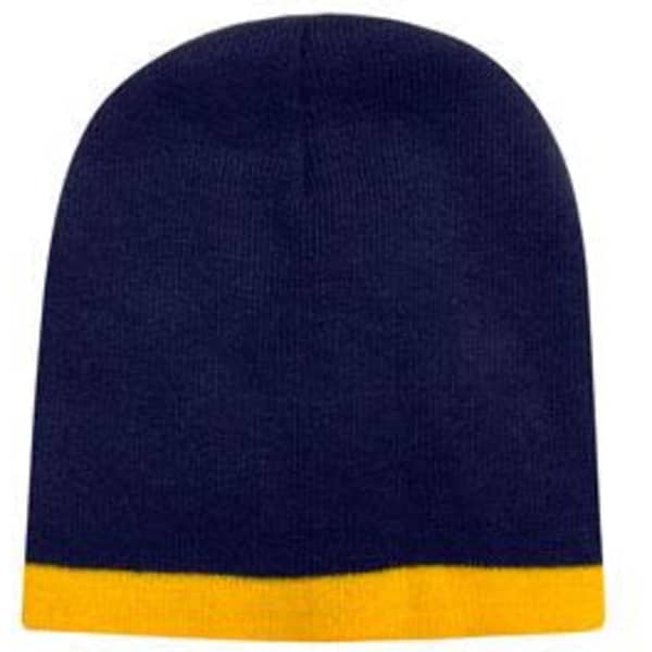 A two-tone acrylic beanie in navy blue with a yellow rolled brim, featuring a logo.