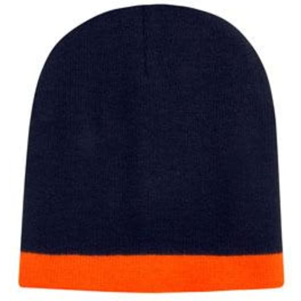 A two-tone acrylic beanie in navy blue with an orange rolled cuff, featuring a logo.