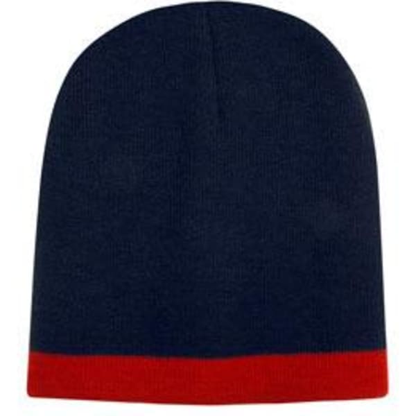 A two-tone beanie featuring navy blue and red colours, with a folded red cuff and a logo on the side.
