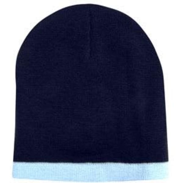 A two-tone acrylic beanie in navy with a light blue rolled cuff. It features a logo on one side.