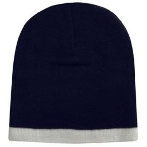 A two-tone acrylic beanie featuring a dark navy upper and a light grey cuff. It has a branding logo on it.