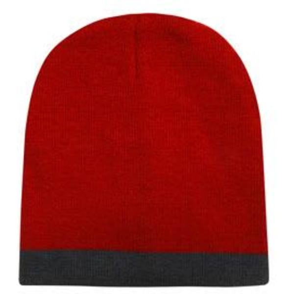 A red beanie with a grey rolled-down band and a logo.